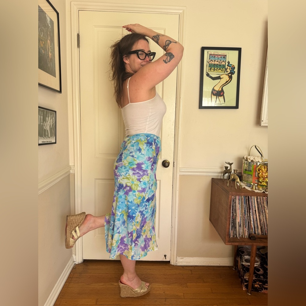 Y2K Vintage Blue Floral Watercolor Slip Style Skirt - Picture 2 of 8